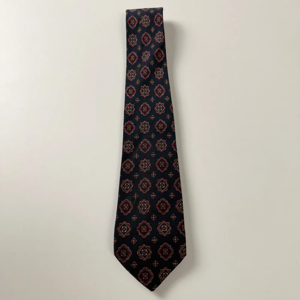 Vintage Ted‎ Lapidus Necktie Navy Geometric Medallion 100% Silk Italy